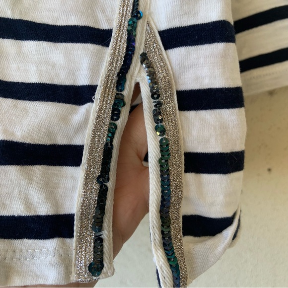 J Crew Navy Blue and White Striped 3/4 Sleeve Crew Neck Blouse - Picture 4 of 9